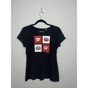 Valentine size L Guess Women's Los Angeles Glitter Lips T-Shirt Black
